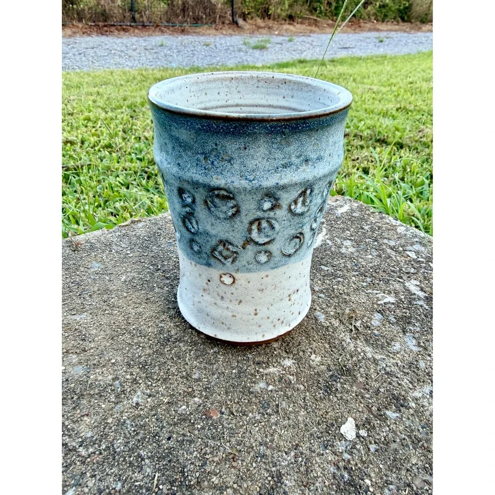 Studio Pottery Cup/Vase Blue/Cream Speckled Textured Ceramic Cup By Rita Park